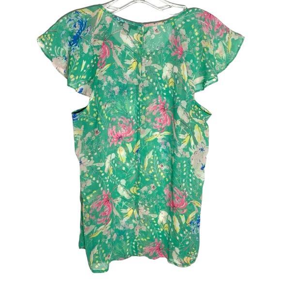 I Heart Ronson Flutter-Sleeve Top Green Peony Spring Blouse -S EUC - Picture 4 of 11